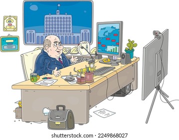 Chubby bald government official sitting at his desk in front of a computer monitor wit a webcam in an office at an online conference, vector cartoon illustration isolated on a white background