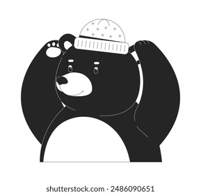 Chubby bear putting on warm hat black and white 2D line cartoon character. Wild animal wearing funny cap isolated vector outline person. Trained forest habitat monochromatic flat spot illustration