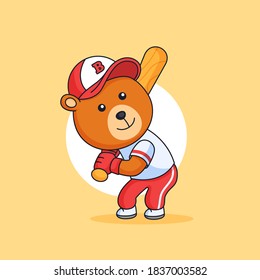 Chubby bear ready to hit the ball with baseball bat animal mascot sport character vector outline illustration cartoon design