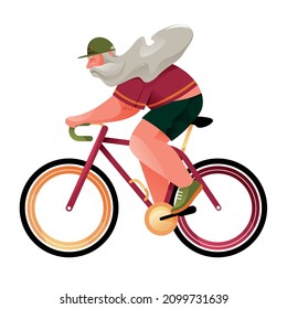 
A chubby bearded man rides a bicycle. Athlete. Vector illustration, character design