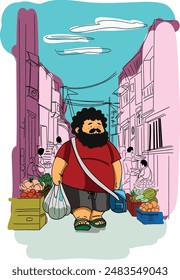 Chubby Bearded Man Shopping for Vegetables in Narrow Street passing by in crocs and red tshirt and gym sling bag