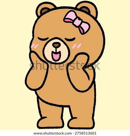 Chubby belly cute feminine teddy bear in love and stand blush bashful filled outline doodle hand-drawn