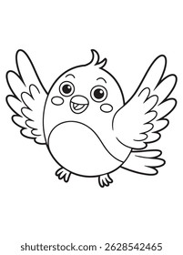 Chubby Bird Flying with Wings Spread – Adorable Cartoon Line Art