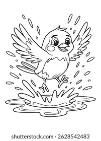 Chubby Bird Flying with Wings Spread – Adorable Cartoon Line Art