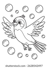 Chubby Bird Flying with Wings Spread – Adorable Cartoon Line Art