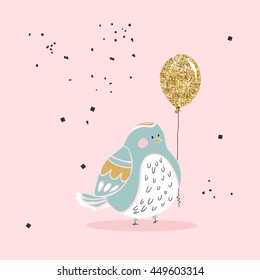 chubby bird with gold balloon