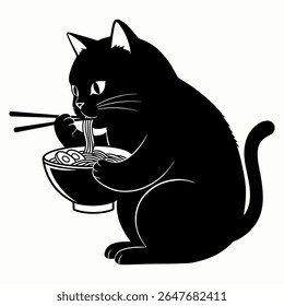 Gato preto gordo comendo Ramen com pauzinhos 