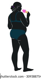 Chubby black girl in blue bikini eating ice cream. Vector illustration