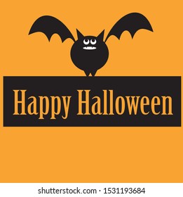 chubby black vampire bat cartoon character on bright orange background. Happy Halloween text.