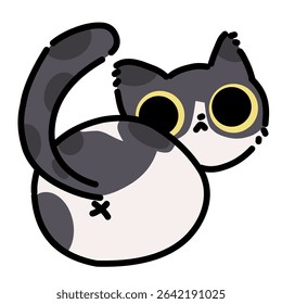 Chubby black and white cat simple art illustration. Simple cat illustration from the back view 