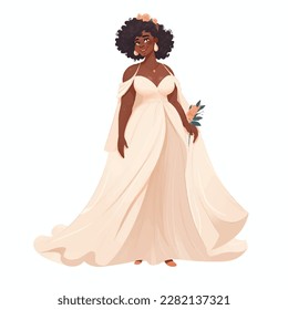 Chubby black woman bride with a bouquet of flowers on her hands vector illustration