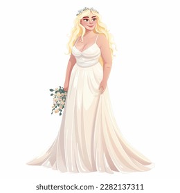 Chubby blonde woman bride with a bouquet of flowers on her hands vector illustration