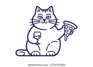 Chubby blue outline cat holding a slice of pizza and a glass of wine