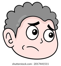chubby boy head with curly hair sad sad face, vector illustration carton emoticon. doodle icon drawing