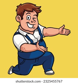 Chubby Boy in Overall Cartoon Mascot