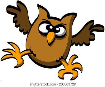 Chubby brown owl with bulging eyes, big ears and pointy beak while extending its wings to glide down and opening its sharp talons as for hunting a prey