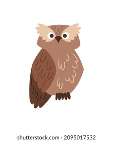 Chubby brown owl. Forest and fauna, adorable birds, night life, wildlife, flying. Characters for childrens, stickers and badges. Cartoon flat vector illustrations isolated on white background