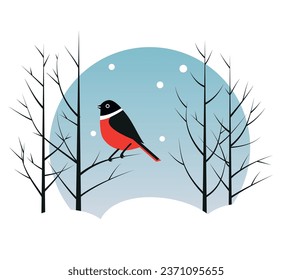 Chubby bullfinch on fir branch. Cute vector character of a red winter bird in a trendy hand drawn style. Perfect for a print, postcard or label