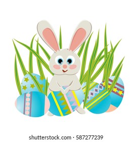 Chubby bunny stays near the eggs and grass and holds in paws colorful Easter egg. Easter Holiday. Illustration for children's books. Vector illustration, isolated on a white background.