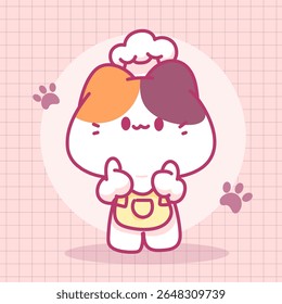 A chubby cartoon cat chef with orange and purple hair giving double thumbs up, wearing a yellow apron and chef hat, looking cheerful and proud.