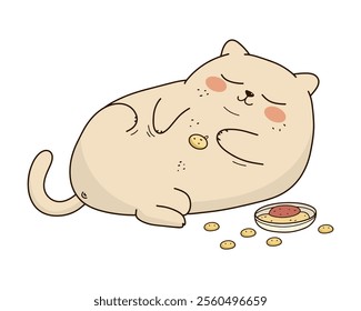 Chubby Cartoon Cat Eating Food for a Fun and Relaxed Home Theme Illustration. Vector illustration