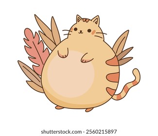 Chubby Cartoon Cat with Flamingo and Tropical Leaves for a Fun and Exotic Summer Theme Illustration. Vector illustration