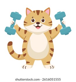 Chubby Cartoon Cat Lifting Dumbbells with Effort