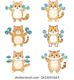 Chubby Cartoon Cat Lifting Dumbbells with Effort