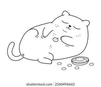 Chubby Cartoon Cat Resting with Food for a Lazy and Cute Home Theme Illustration. Vector illustration