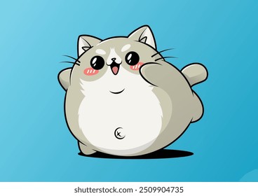 Gato de dibujos animados gordito sentado lindo con ojos grandes y nariz Pequeña