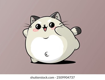 Gato de dibujos animados gordito sentado lindo con ojos grandes y nariz Pequeña