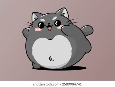 Gato de dibujos animados gordito sentado lindo con ojos grandes y nariz Pequeña