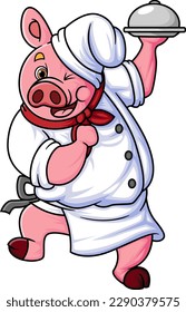 a chubby cartoon pig working as a professional chef, feeling happy and dancing while carrying an iron plate of illustration
