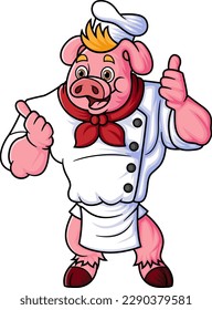 a chubby cartoon pig working as a professional chef, giving a thumbs up of illustration