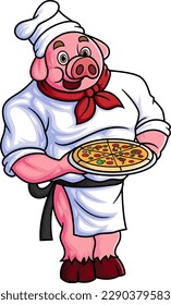 a chubby cartoon pig working as a professional chef, carrying a large pizza on a plate of illustration