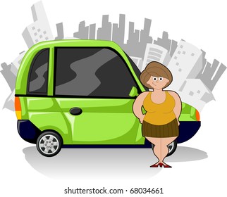 Chubby cartoon woman with green compact car and city on the background
