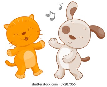 A Chubby Cat And Dog Dancing Together - Vector