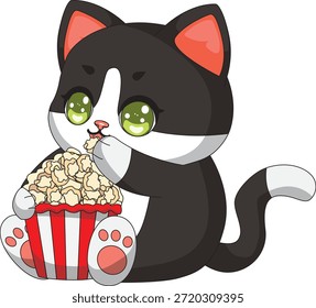 Gato gordinho comendo pipoca lado posar bonito gatinho vetor