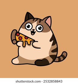 Chubby Cat Enjoying a Slice of Pepperoni Pizza in Cartoon Style