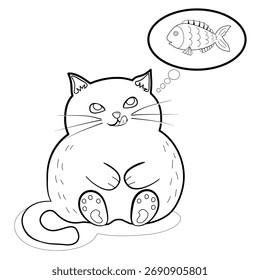 Gato gordito pensando en peces — Ilustración vectorial de contorno para niños y diseño de mascotas