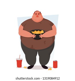 Chubby Character Holding a Bowl with Chips. Cartoon Style. Vector Illustration