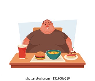 Chubby Character Sitting at the Table with a Lot of Tasty Food. Cartoon Stye. Vector Illustration