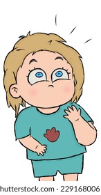 Chubby cheeks baby girl cute, blue eyes, golden wavy hair wearing tshirt and shorts