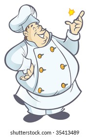 Chubby chef cartoon in white uniform snapping fingers