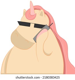 chubby cool unicorn with glasses talking on the phone