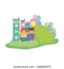 chubby couple with balloons helium and books in the field