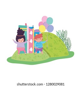 chubby couple with balloons helium and books in the field