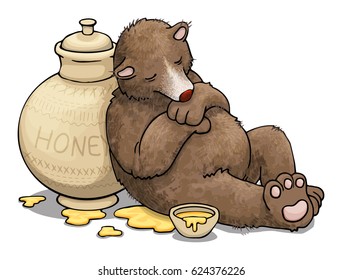 Chubby cute bear, sleeping next to a large honey jar, vector illustration, isolated on white 