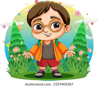 Chubby cute boy wearing glasses at the garden illustration