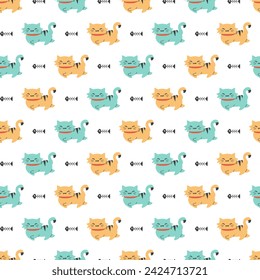 Chubby Cute Cat and Their Fish Bones Vector Pattern can be use for background and apparel design